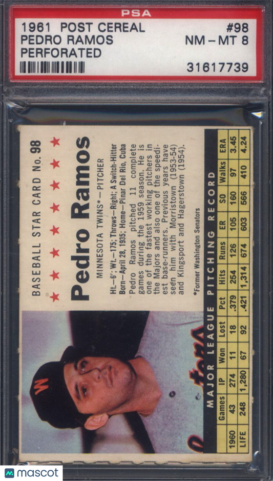 1961 Post Cereal Perforated #98 Pedro Ramos Twins PSA 8