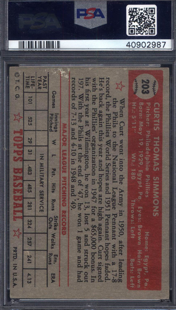 1952 Topps #203 Curt Simmons Signed Autographed Auto Phillies PSA/DNA