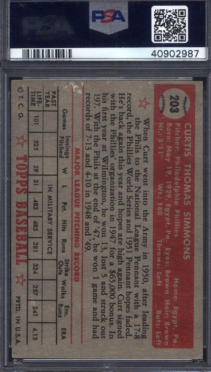 1952 Topps #203 Curt Simmons Signed Autographed Auto Phillies PSA/DNA