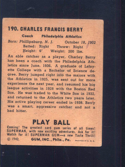 1940 Play Ball #190 Charley Berry Athletics (VG)