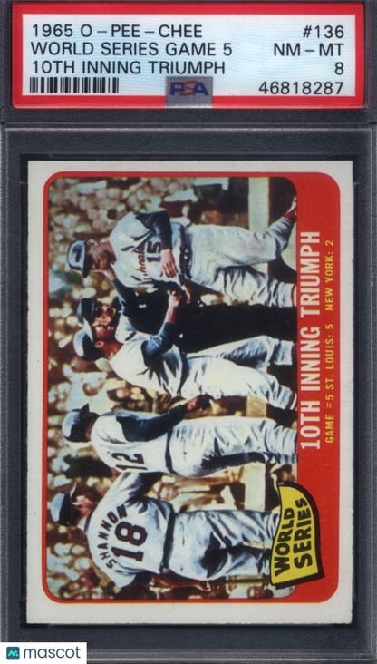 1965 O-Pee-Chee #136 Cardinals vs Yankees WS Game 5 PSA 8 pop 9 (Only 1 Higher)