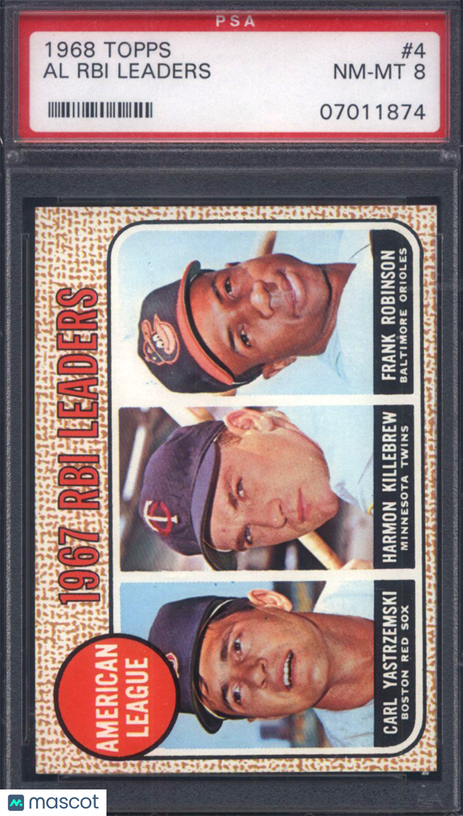 1968 Topps #4 A. L. RBI Leaders Yastrzemski Killebrew F. Robinson PSA 8