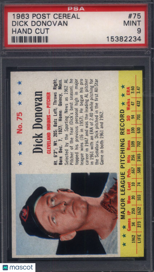 1963 Post Cereal #75 Dick Donovan Hand Cut Indians PSA 9 pop 7