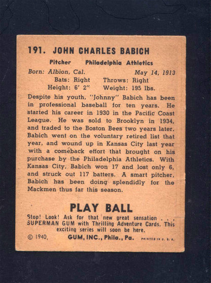 1940 Play Ball #191 John Babich Athletics (GD)