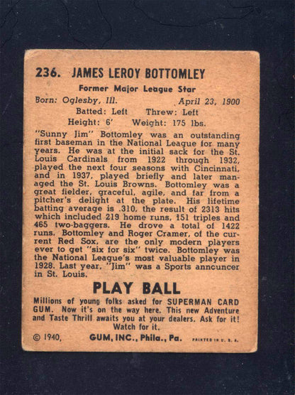 1940 Play Ball #236 Jim Bottomley Cardinals (VG)