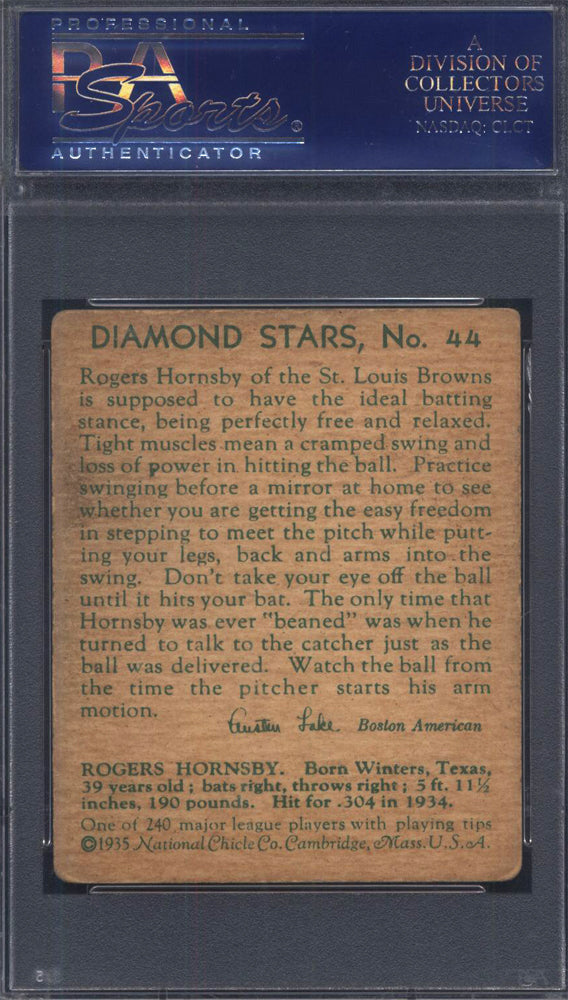 1935 Diamond Stars #44 Rogers Hornsby Browns PSA 3.5