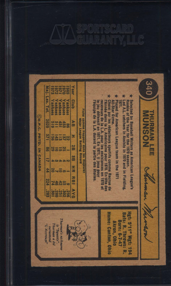 1974 OPC O-Pee-Chee #340 Thurman Munson Yankees SGC 8