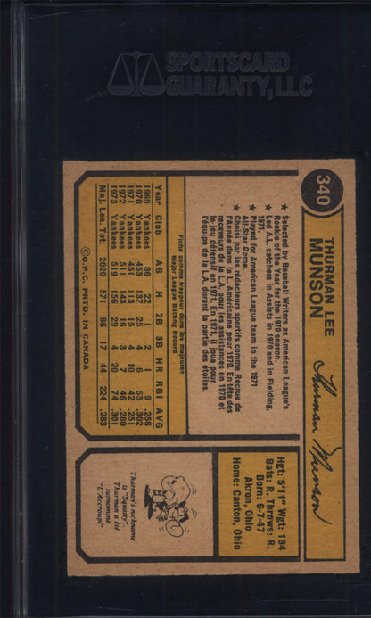 1974 OPC O-Pee-Chee #340 Thurman Munson Yankees SGC 8