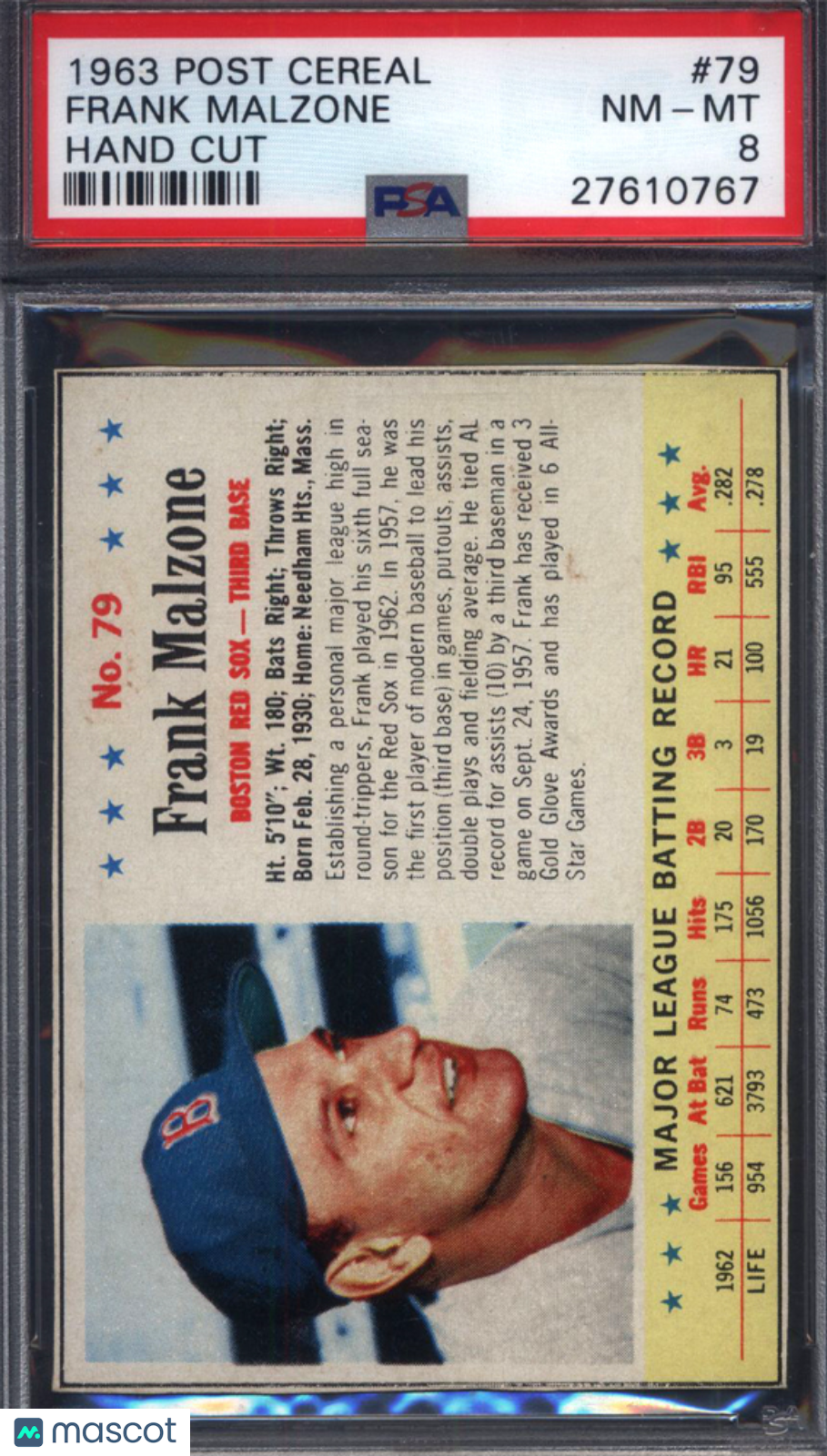 1963 Post Cereal #79 Frank Malzone Hand Cut Red Sox PSA 8