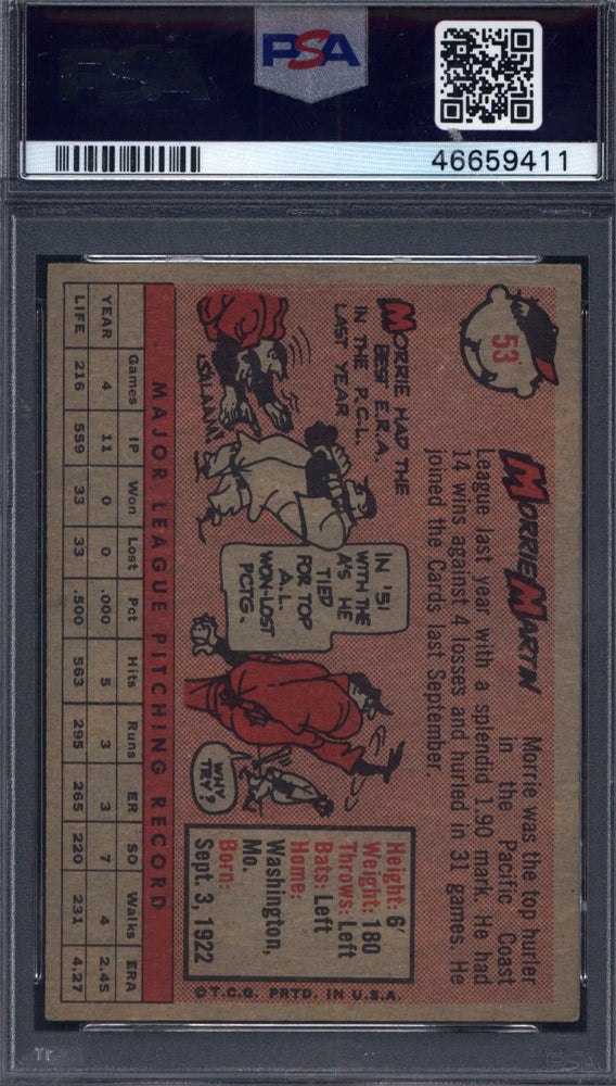 1958 Topps #53 Morrie Martin Yellow Name Cardinals PSA 5.5