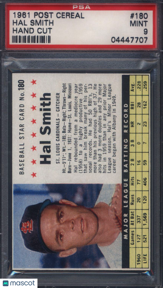 1961 Post Cereal Hand Cut #180 Hal Smith Cardinals PSA 9 pop 5