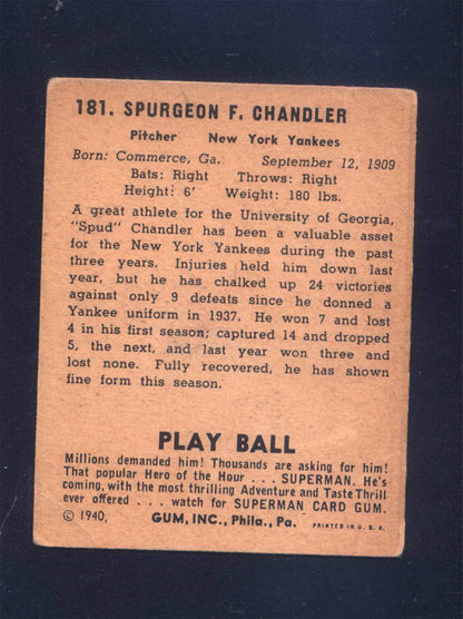 1940 Play Ball #181 Spud Chandler Yankees (VG)