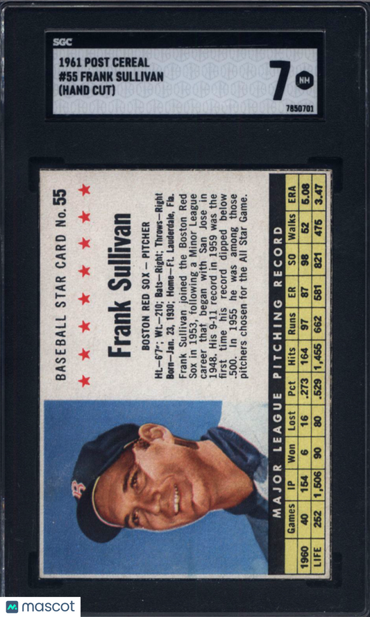 1961 Post Cereal #55 Frank Sullivan Red Sox SGC 7