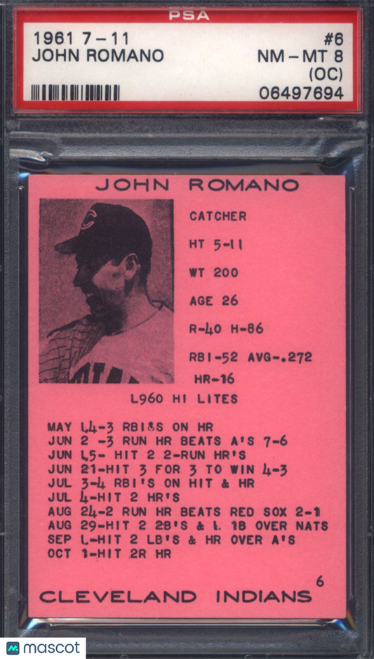 1961 7-11 #6 John Romano Indians PSA 8 (OC)