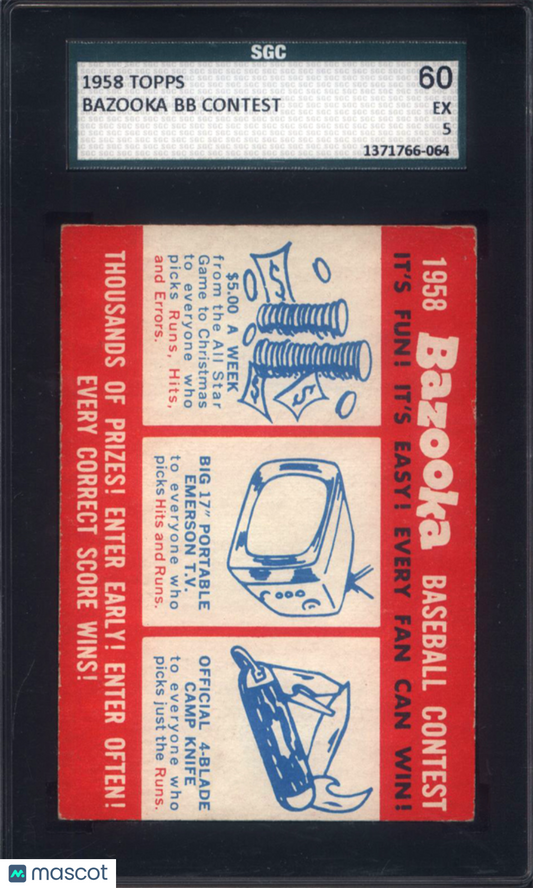 1958 Topps Bazooka Baseball Contest Card SGC 5