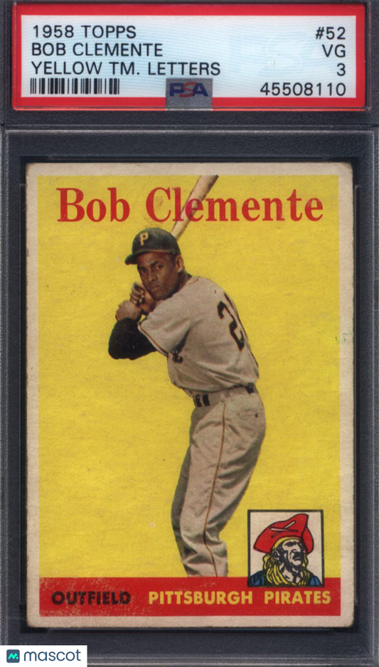 1958 Topps #52 Roberto Clemente Yellow Team Letters Variation Pirates PSA 3