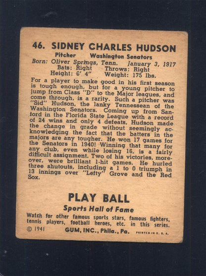 1941 Play Ball #46 Sid Hudson Senators (VG+)
