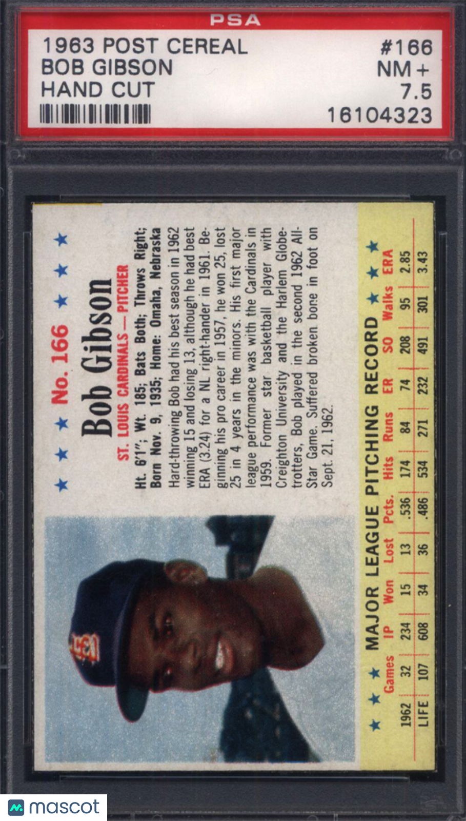 1963 Post Cereal #166 Bob Gibson Hand Cut Cardinals PSA 7.5