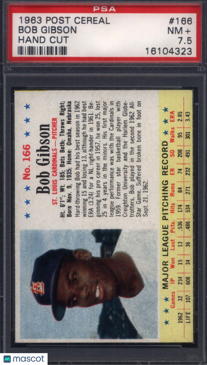 1963 Post Cereal #166 Bob Gibson Hand Cut Cardinals PSA 7.5