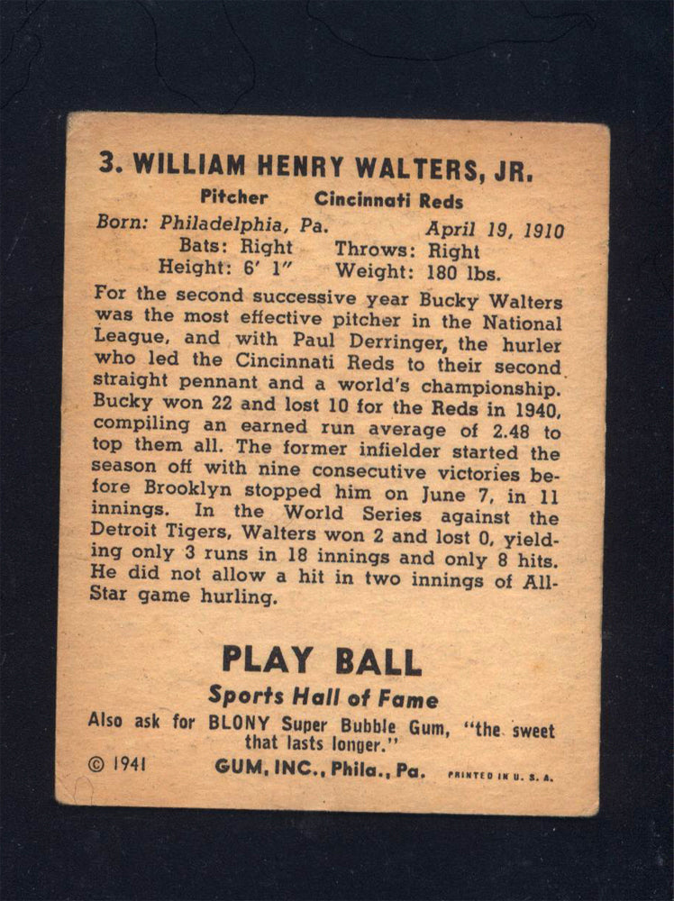 1941 Play Ball #3 William "Bucky" Walters Reds (VG+)