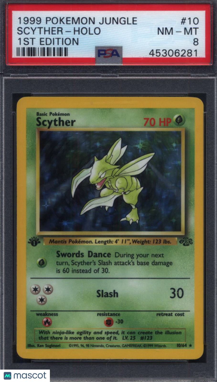 1999 Pokemon Jungle 1st Edition #10 Scyther PSA 8