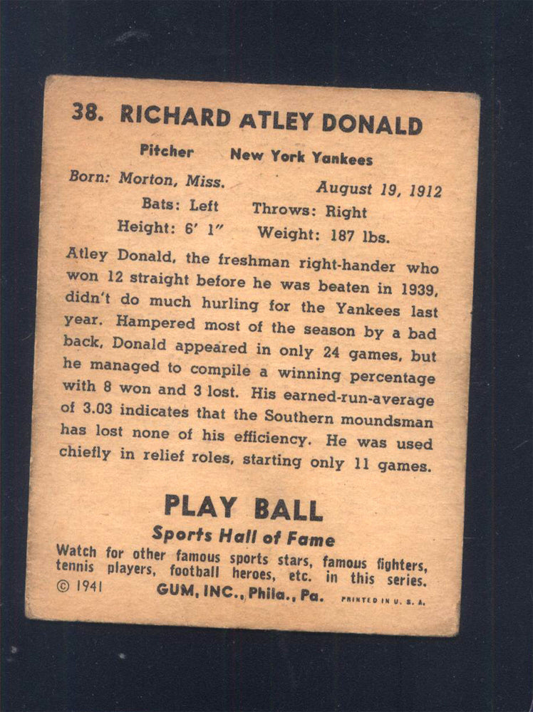 1941 Play Ball #38 Atley Donald Yankees (VG+)