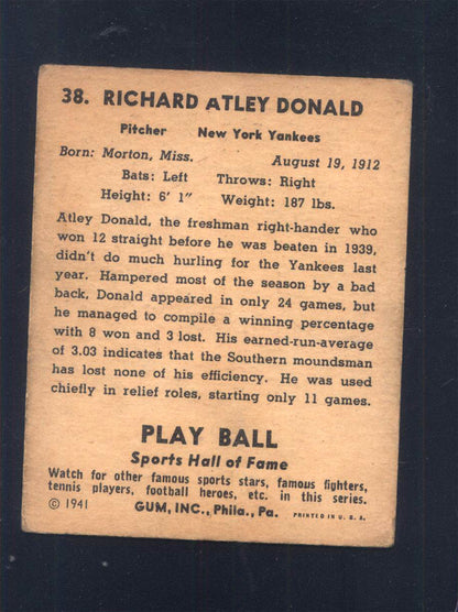 1941 Play Ball #38 Atley Donald Yankees (VG+)