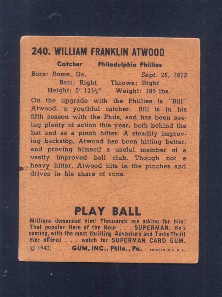 1940 Play Ball #240 Bill Atwood Phillies (VG)
