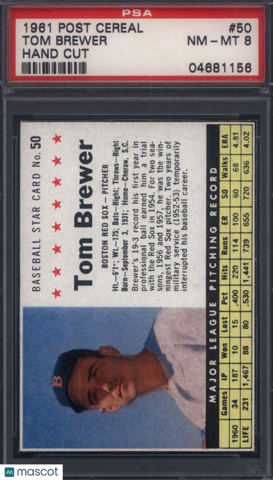 1961 Post Cereal #50 Tom Brewer Hand Cut Red Sox PSA 8