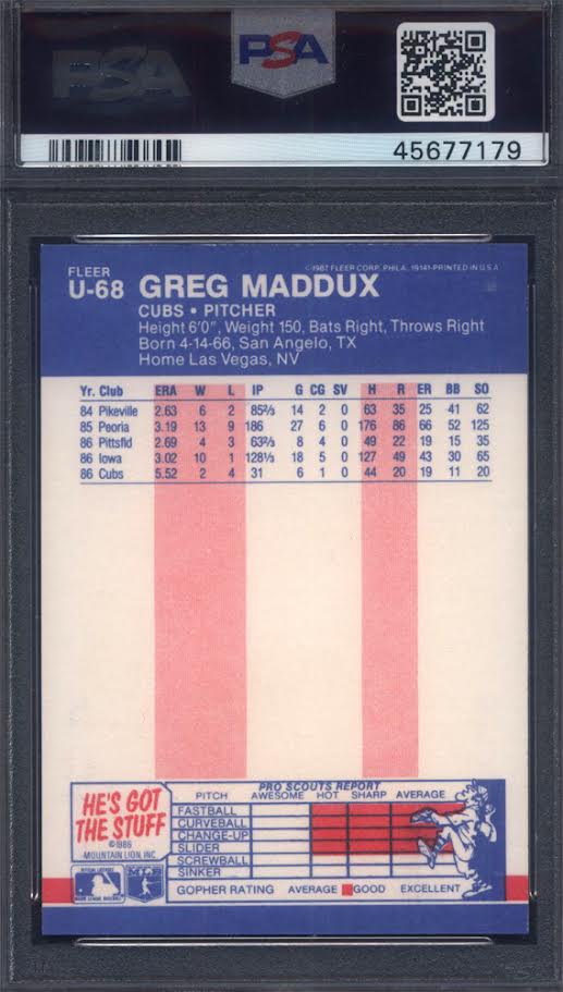1987 Fleer Update #U-68 Greg Maddux Rookie HOF Cubs PSA 10