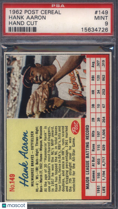 1962 Post Cereal Hand Cut #149 Hank Aaron Braves PSA 9