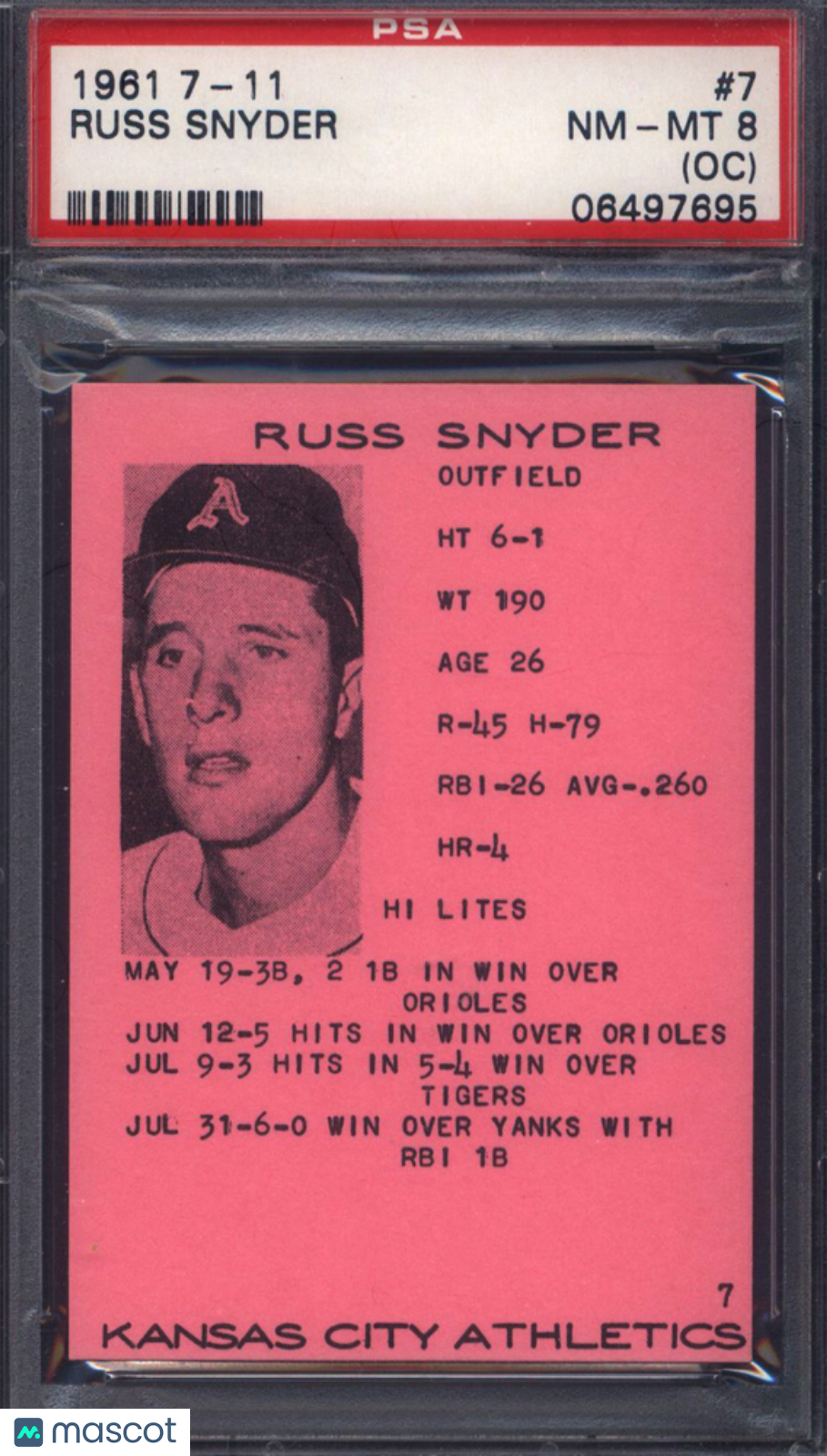 1961 7-11 #7 Russ Snyder Athletics PSA 8 (OC) pop 1 none higher