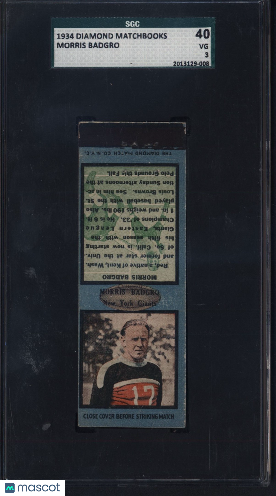 1934 Diamond Matchbooks Morris Badgro SGC 3