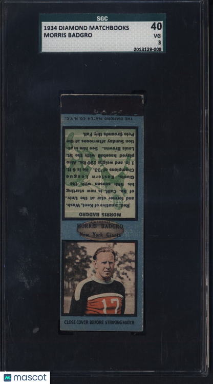 1934 Diamond Matchbooks Morris Badgro SGC 3