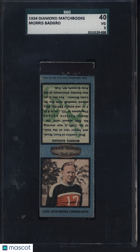 1934 Diamond Matchbooks Morris Badgro SGC 3