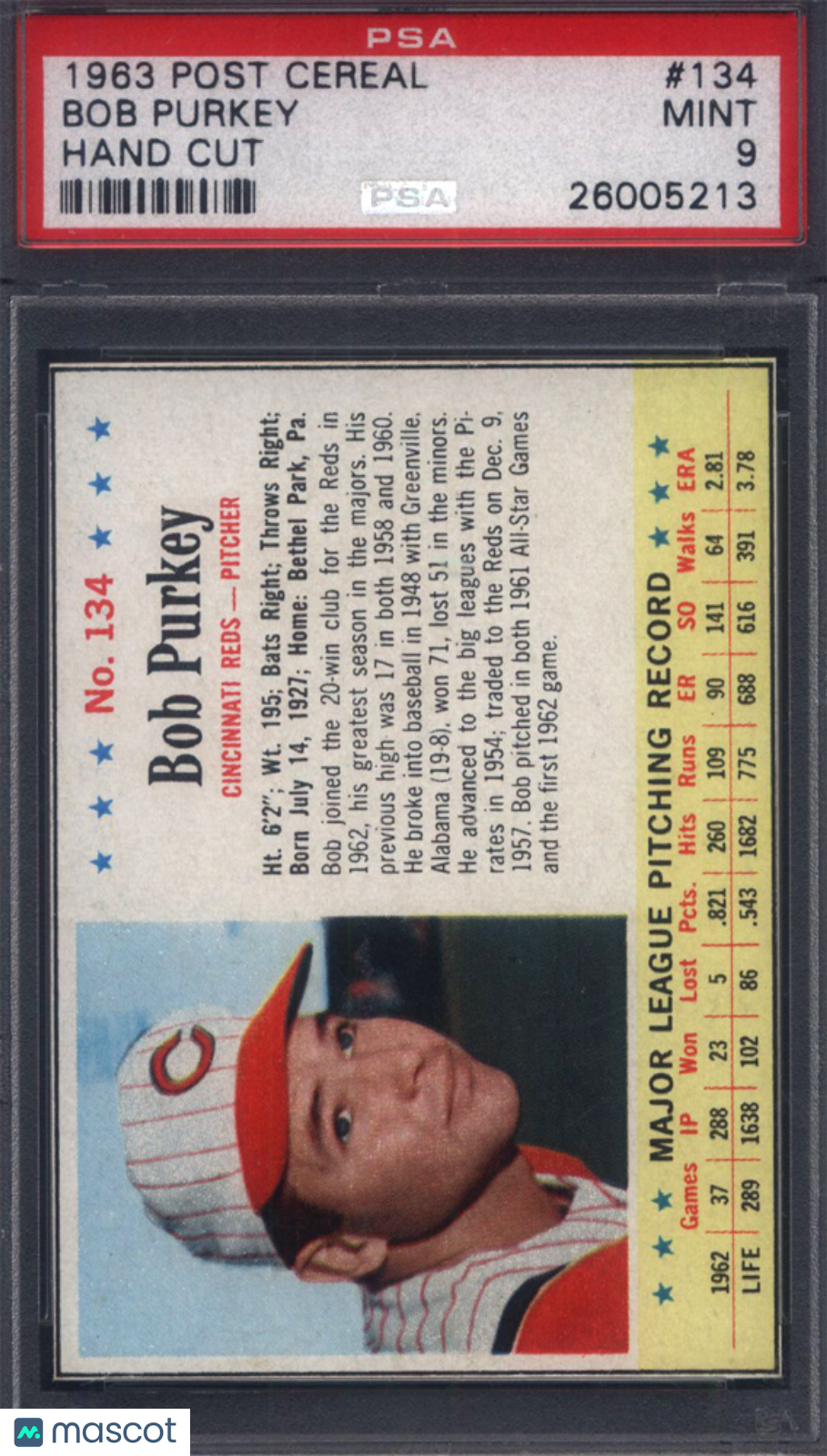 1963 Post Cereal #134 Bob Purkey Hand Cut Reds PSA 9 pop 4 (none higher)
