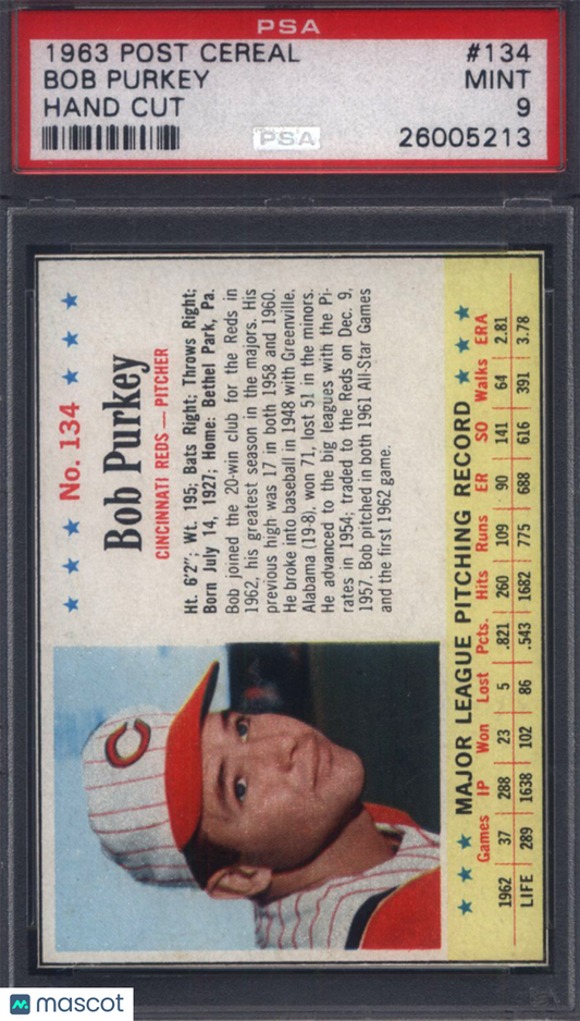 1963 Post Cereal #134 Bob Purkey Hand Cut Reds PSA 9 pop 4 (none higher)