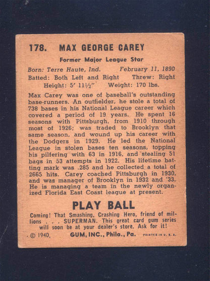 1940 Play Ball #178 Max Carey Pirates (VG/EX)