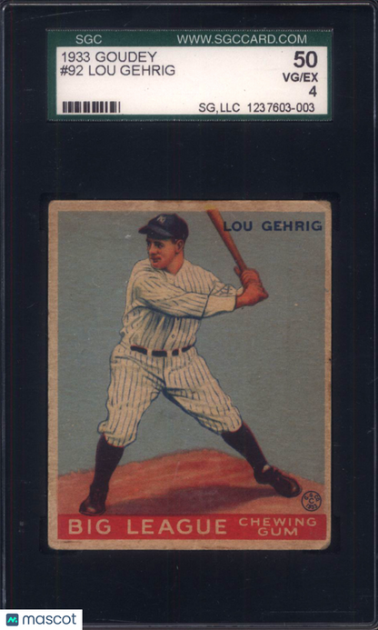 1933 Goudey #92 Lou Gehrig Yankees SGC 4