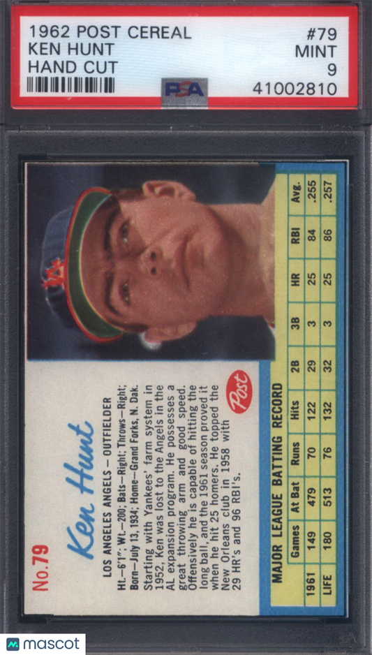 1962 Post Cereal #79 Ken Hunt Angels PSA 9 POP 8 None Higher