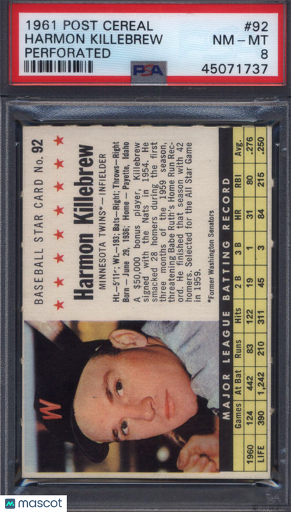1961 Post Cereal Perforated #92 Harmon Killebrew Twins PSA 8