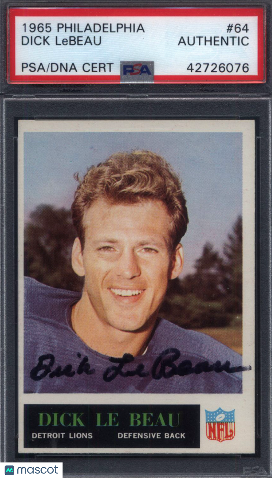 1965 Philadelphia #64 Dick Lebeau Rookie HOF Lions Signed Auto PSA Authentic