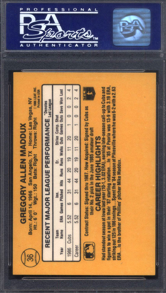 1987 Donruss #36 Greg Maddux Rookie HOF Cubs PSA 9