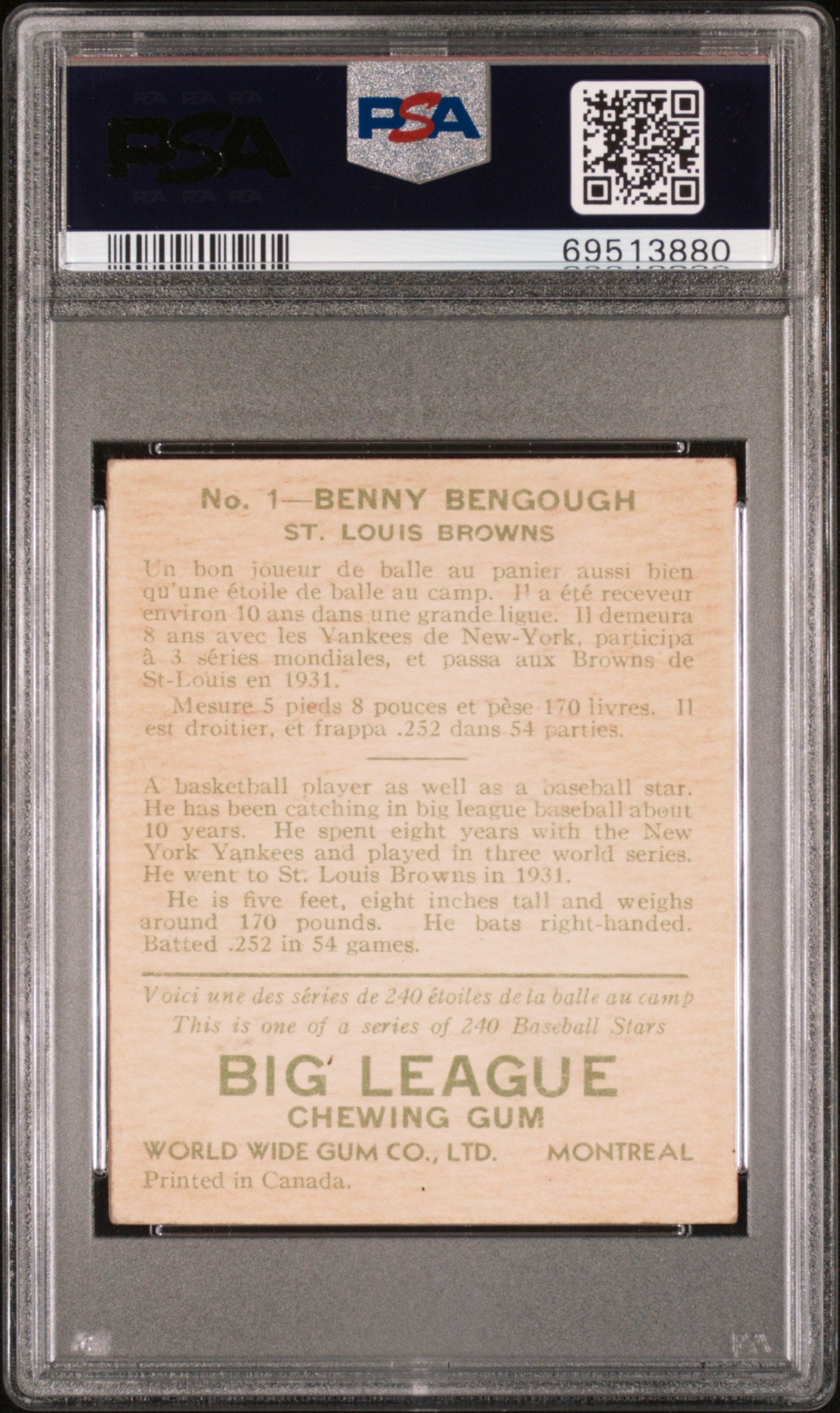 1933 Goudey World Wide Gum #1 Benny Bengough Browns PSA 2.5
