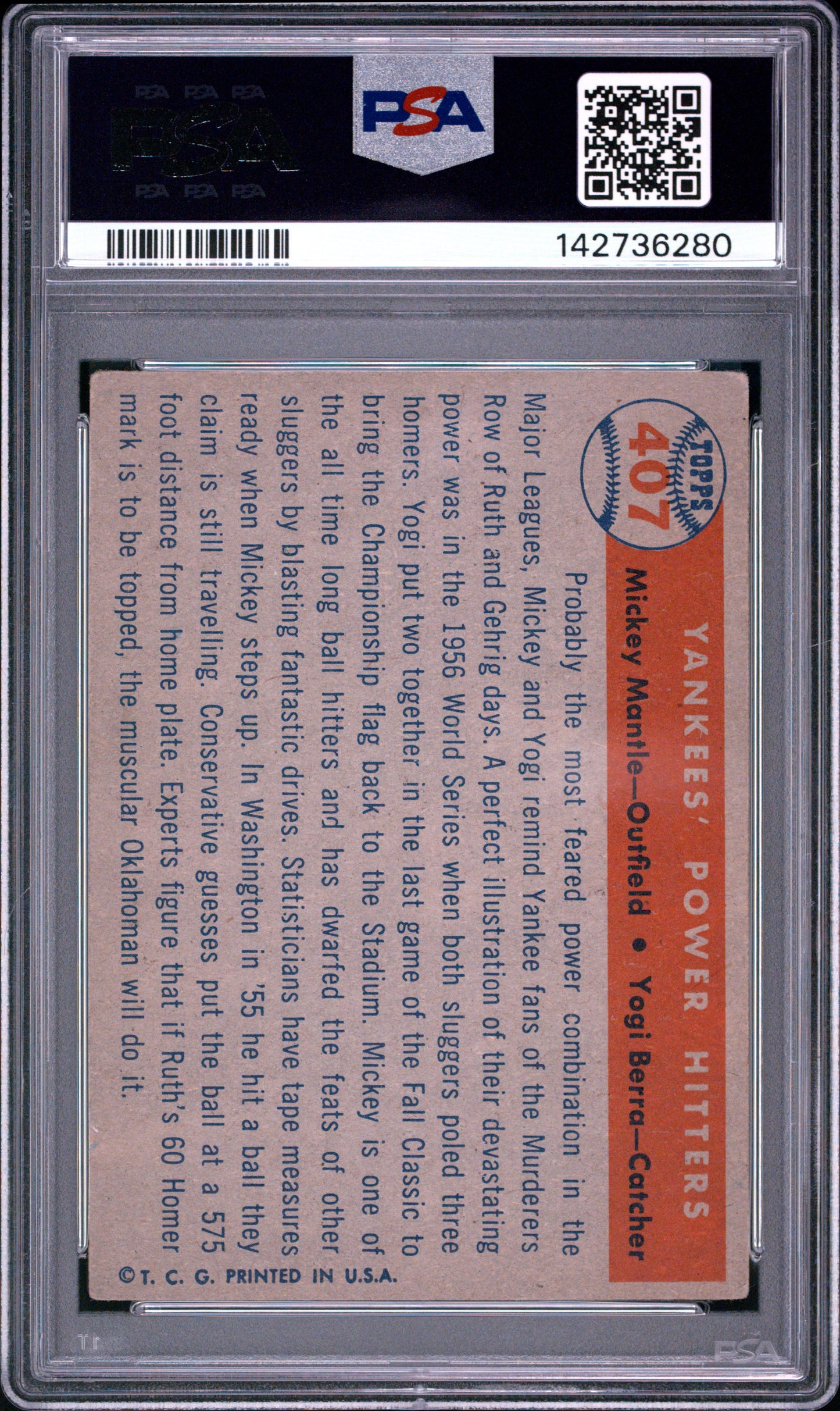1957 Topps #407 Yankees' Power Hitters w/ Mickey Mantle  PSA 3