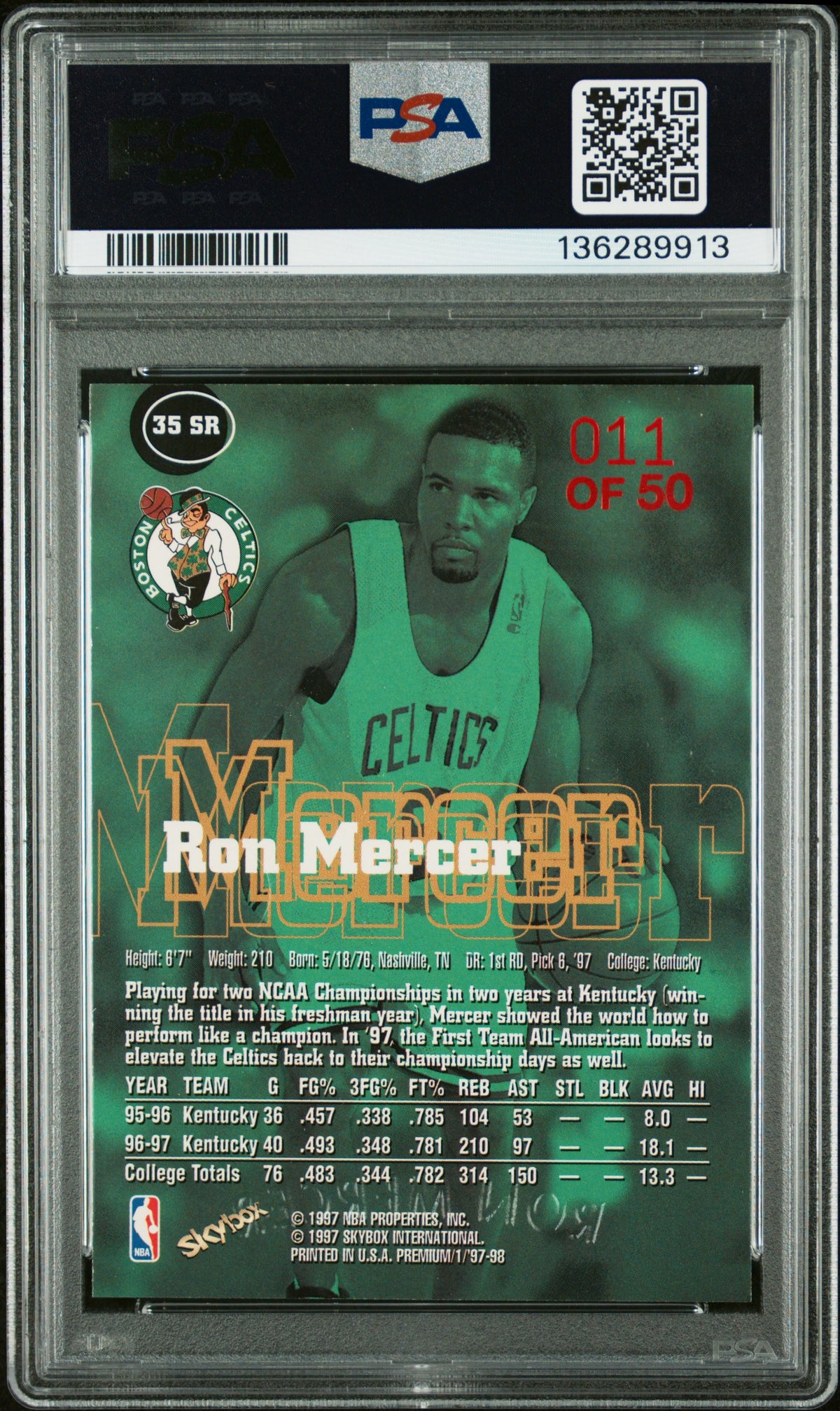 1997 Skybox Premium Star Rubies Ron Mercer 11/50 Celtics PSA 6 pop 1 (2 Higher)