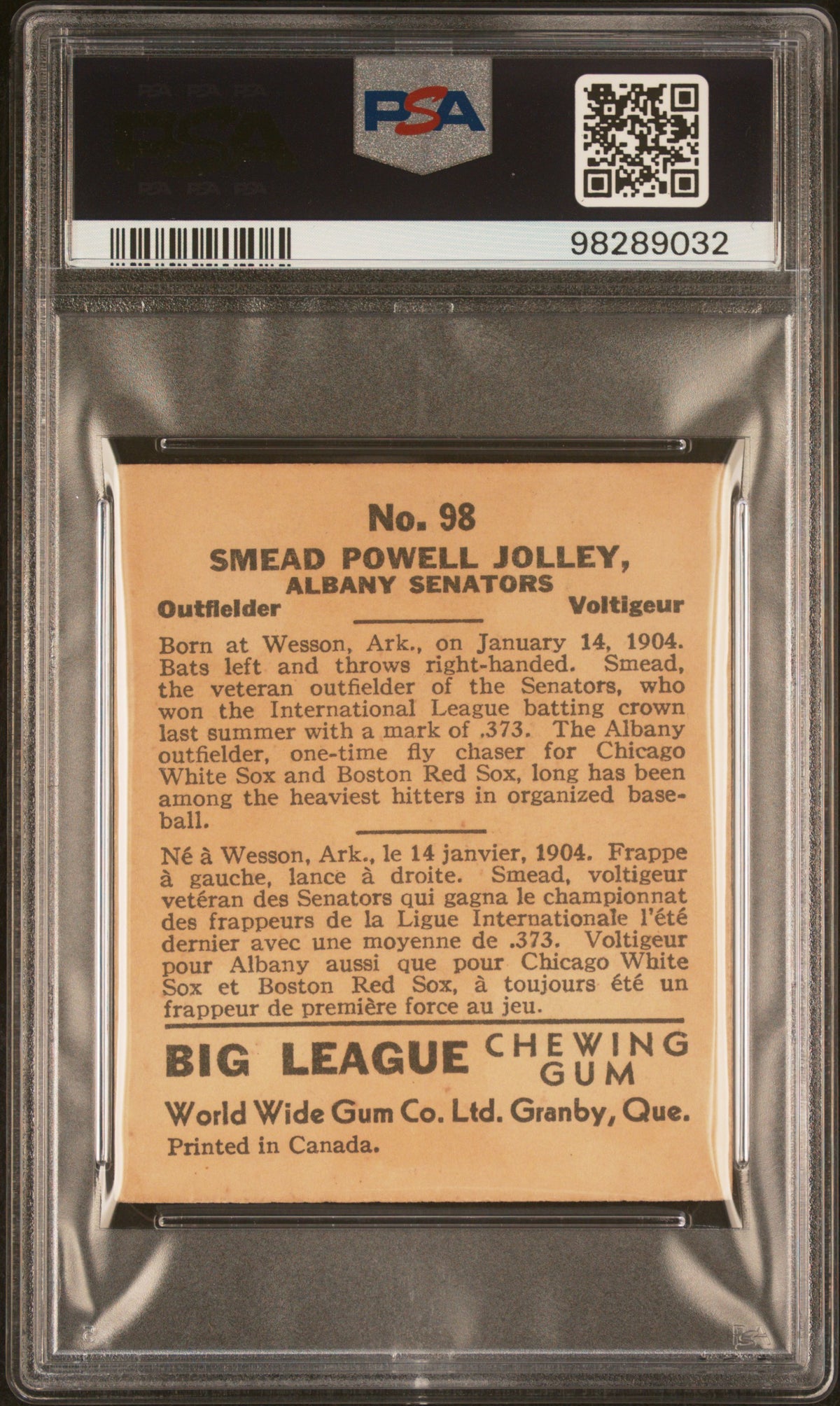 1936 World Wide Gum #98 Smead Jolley Senators PSA 4