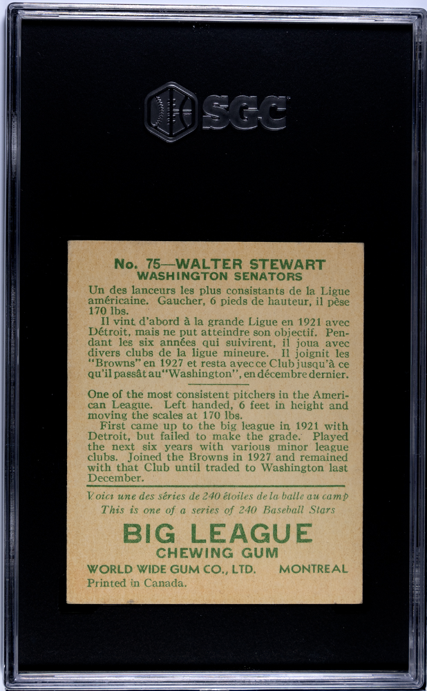 1933 Goudey World Wide Gum Co. #75 Walter Stewart Senators SGC 4