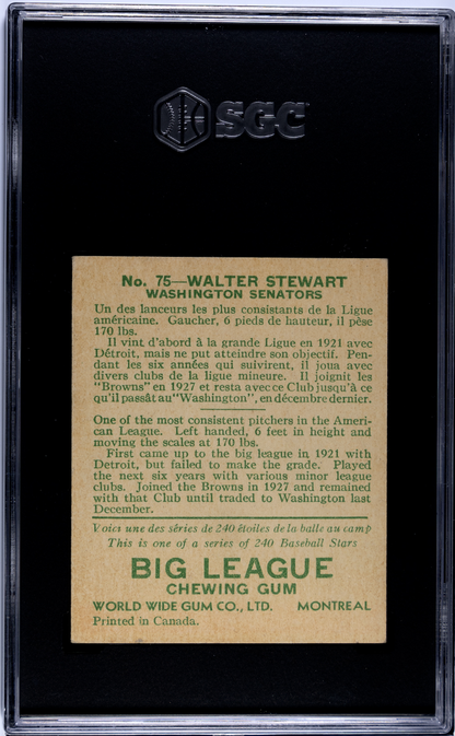 1933 Goudey World Wide Gum Co. #75 Walter Stewart Senators SGC 4