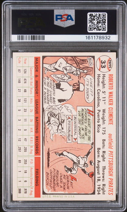 1956 Topps #33 Roberto Clemente 2nd Year Pirates White Back PSA 6